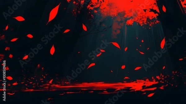 Fototapeta A mesmerizing dark forest with vivid red leaves swirling in the air.