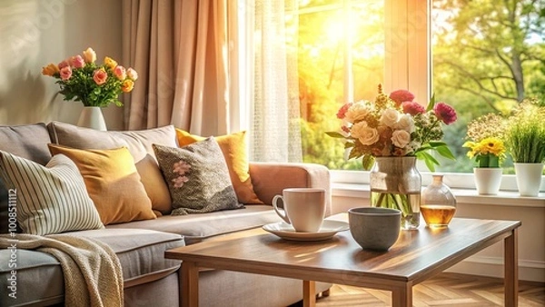 Fototapeta Sunlight streaming through a window illuminating a cozy living room with a coffee table, a couch with pillows, and a vase of flowers