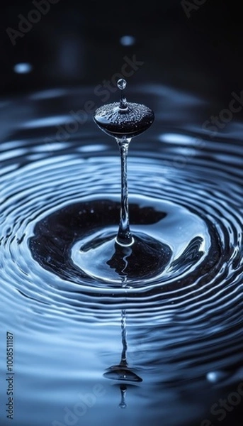 Fototapeta Water Drop Splash, Creating Circular Ripples and Reflections on a Blue Water Surface. Close Up.