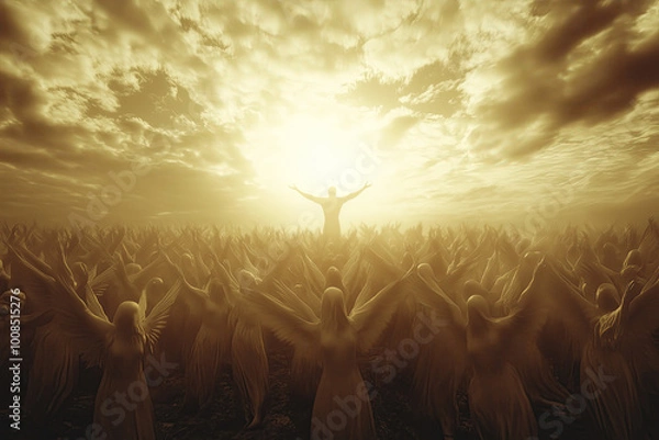 Fototapeta fantasy art, angel army, man silhouette standing in the middle of the crowd with arms outstretched, gright golden light shining from behind, surreal, photorealistic