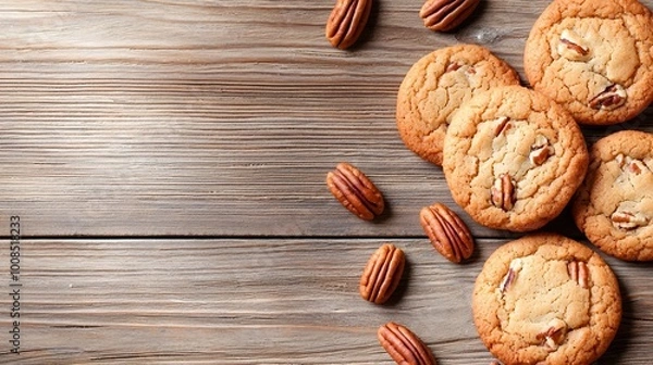 Fototapeta Freshly baked pecan cookies arranged on a rustic wooden table, with pecans scattered around, ample copy space for text, high-end magazine photography, deep depth of field, Product photography with