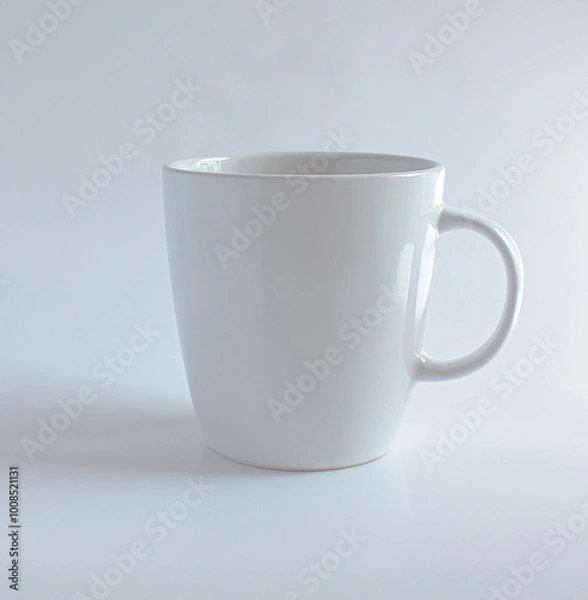 Fototapeta plain white ceramic mug with a simple handle. It has a clean and minimalistic design, perfect for enjoying coffee, tea, or any other hot beverage.