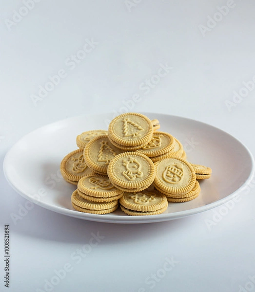 Fototapeta round cookies with various designs on them, including Christmas themed symbols like trees, snowmen, and other festive characters. vanilla or butter flavored sandwich cookies.