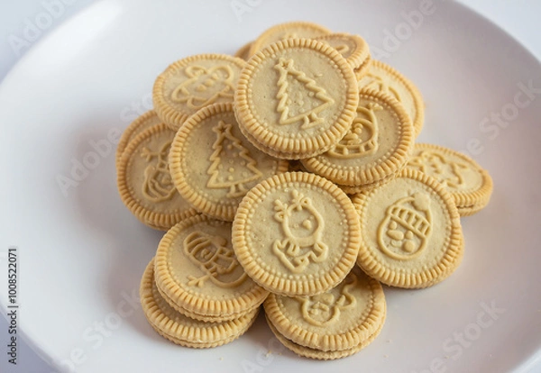 Obraz round cookies with various designs on them, including Christmas themed symbols like trees, snowmen, and other festive characters. vanilla or butter flavored sandwich cookies.