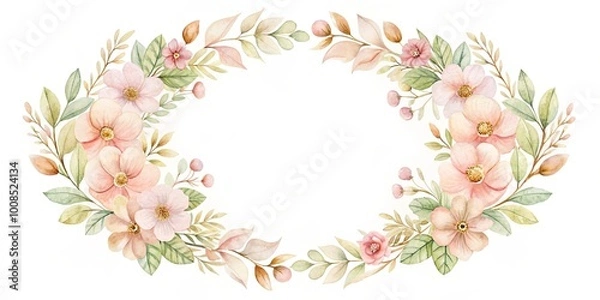 Fototapeta Delicate Watercolor Floral Frame With Soft Pink Blossoms and Greenery