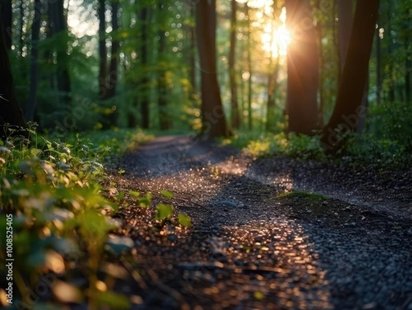 Fototapeta Forest path with dappled sunlight, serene and inviting, Nature, Soft greens, Photograph, Woodland walk