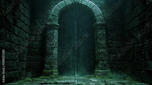 Fototapeta Mystical Temple Gate, a stunning entrance to an underground sanctuary, adorned with ancient carvings, glowing crystals, and enveloped in a shimmering aura of enchantment.