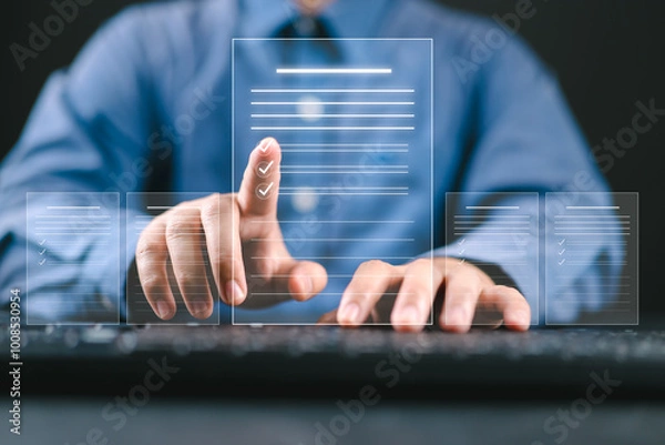 Obraz Businessman checking the steps through document with a list of checkboxes ,regulation ,Concepts of practices and policies , procedure company articles of association Terms and Conditions