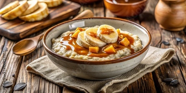 Fototapeta Savor a comforting bowl of oatmeal porridge adorned with ripe banana and luscious caramel sauce, artfully displayed on