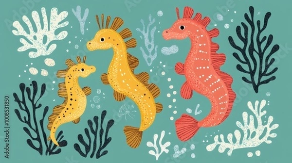 Fototapeta Three seahorses with different colors and patterns, with seaweed and bubbles in the background, on a turquoise blue background.