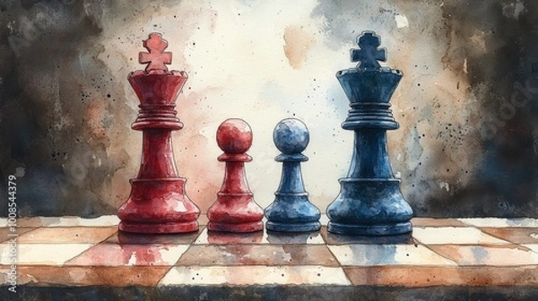 Fototapeta Red and Blue Chess Pieces stand on a watercolor chessboard with a textured background.