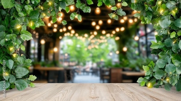 Fototapeta Charming outdoor cafe scene framed by lush greenery and warm string lights, capturing a serene atmosphere for relaxation and gatherings.