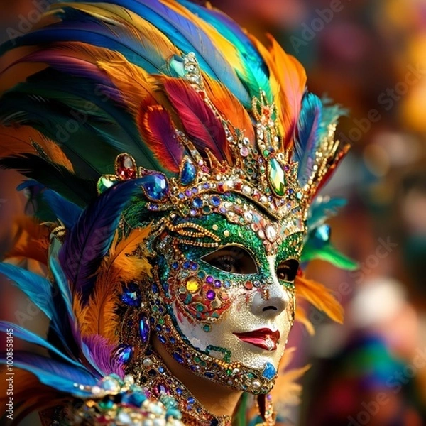 Obraz Vibrant Carnival Mask with Colorful Feathers and Jewels