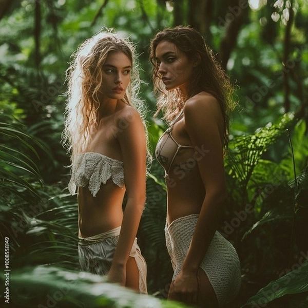 Obraz Two Women in Tropical Jungle Setting with Bohemian Style