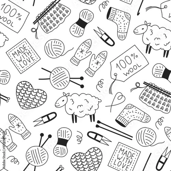 Fototapeta Knitting and Crochet Doodle Elements Seamless Pattern. Hand drawn black and white needlecraft background with tools knitwear wool symbols. Repeat vector illustration