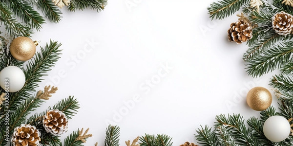 Obraz A festive border with pine branches adorned with golden ornaments and pinecones, framing a central blank space, conveying a joyful and seasonal celebration.