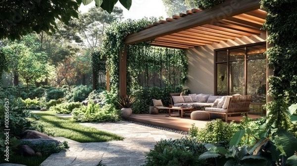Fototapeta Green garden patio with a wooden pergola and cozy seating, surrounded by lush greenery, clear windows reflecting natural light for a serene outdoor vibe