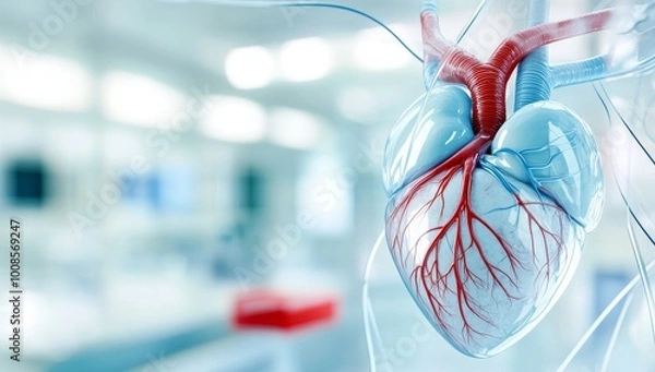 Fototapeta Detailed Illustration of an Anatomical Human Heart with Clear Veins and a Bluish Color
