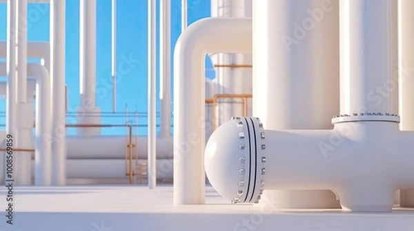Fototapeta Detailed view of industrial piping system featuring white pipes and blue sky, emphasizing structure and engineering design.