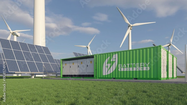 Obraz Solar farm and windmills, renewable battery storage. Realistic 3d render.
