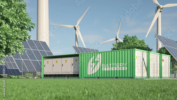 Obraz Renewable energy from wind turbines and solar panels stored in batteries. Realistic 3d render.