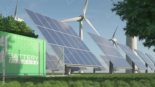 Obraz Solar farm and windmills, renewable energy storage. Realistic 3d render.