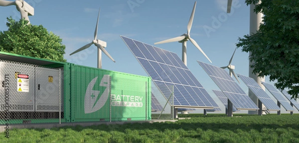 Obraz Wind turbines and solar panels store energy in batteries. Realistic 3d render.