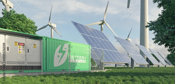 Obraz Renewable energy from wind turbines and solar panels stored in batteries. Realistic 3d render.