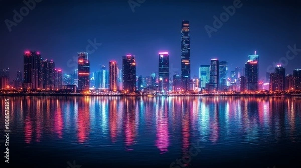 Fototapeta A vivid city skyline illuminated at night, mirrored beautifully on the water, showcasing architectural marvels and vibrant colors, conveying urban energy and allure.