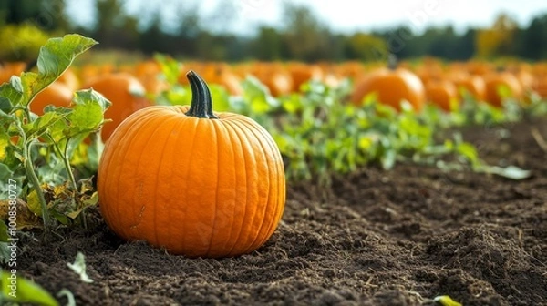 Fototapeta A vibrant pumpkin patch sprawls across a field, ready for the autumn harvest season, evoking a sense of warmth, nostalgia, and anticipation for fall festivities.
