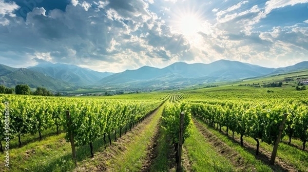 Fototapeta A vibrant view captures rows of lush grapevines stretching into the distance under a bright sky, located in the famous kakheti wine region of georgia, a key area known for its viticultural heritage.