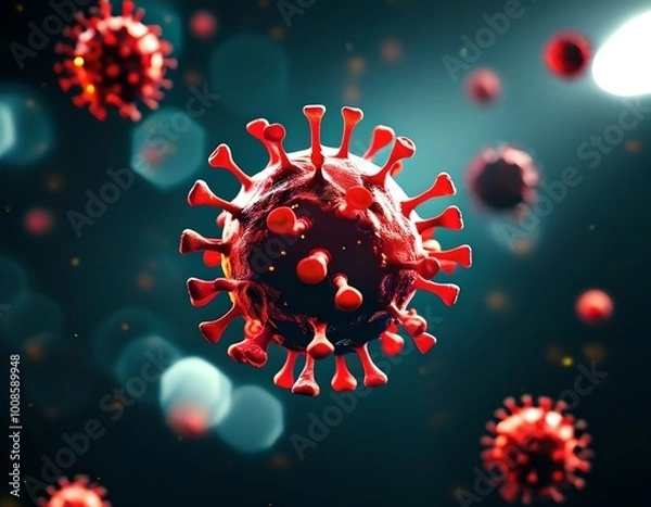 Fototapeta An abstract visualization of a pandemic, represented by floating virus particles against a dark, unsettling background