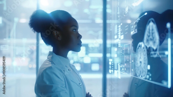 Fototapeta Black woman, side profile, with tied long hair and white coat visualizing data on a futuristic screen