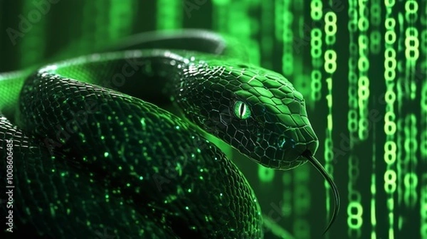 Fototapeta a snake embedded with codes and numbers on its body, high technology, neural network, artificial intelligence, computer security
