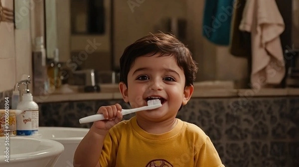 Obraz A cheerful Indian boy enjoys brushing his teeth in a bright yellow T-shirt against a tiled bathroom backdrop