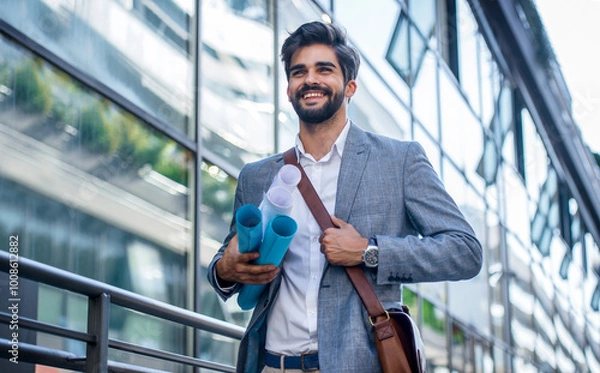 Fototapeta Smiling businessman with a documents and bag on the way to office. Business, education, lifestyle concept