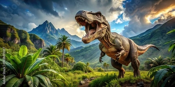 Obraz Majestic T-Rex Roaring in a Lush Prehistoric Landscape, Capturing the Power of Dinosaurs