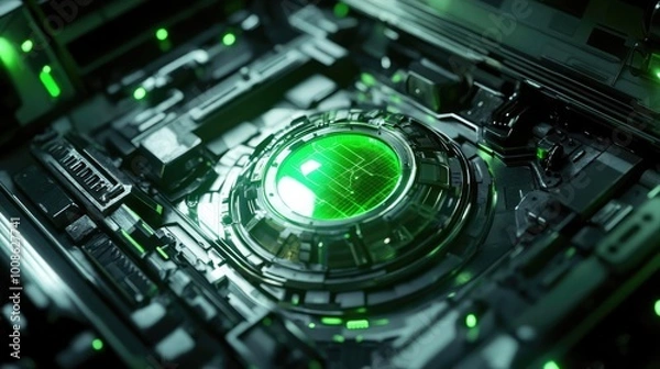 Fototapeta Futuristic circuitry with glowing green elements showcases intricate technology and design in a digital landscape.