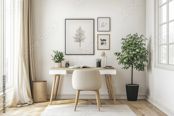 Fototapeta Bright and airy home office with white desk, indoor plants, and minimalistic decor for a calm and productive workspace