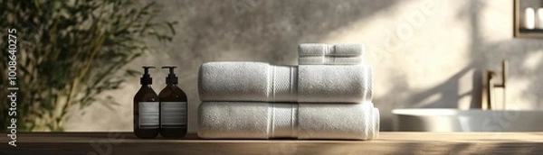 Fototapeta Cozy bathroom scene featuring stacked towels and elegant bottles on a wooden surface, perfect for relaxation and self-care themes.