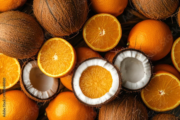 Fototapeta Pattern with fresh ripe oranges and coconuts.