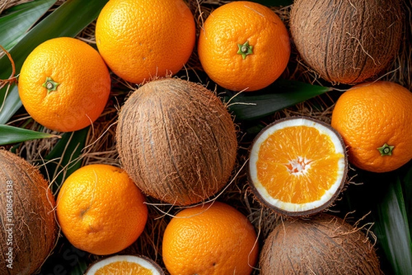 Fototapeta Pattern with fresh ripe oranges and coconuts.