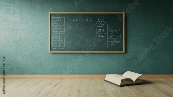 Fototapeta A classroom scene featuring a chalkboard with equations and an open book on the floor, highlighting education and learning.