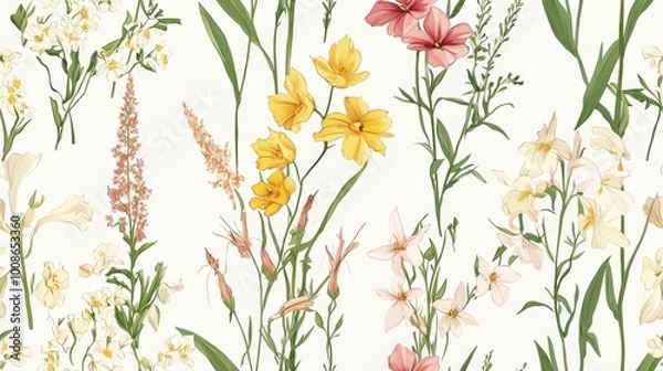 Fototapeta Seamless floral pattern, abstract flower print in romantic vintage style. Elegant botanical design