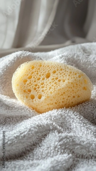 Fototapeta A natural sponge resting on a white towel, showcasing its unique texture and softness in a serene and bright setting.
