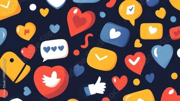 Fototapeta A social media banner displaying various engagement icons like likes, hearts, and comments, symbolizing active online participation