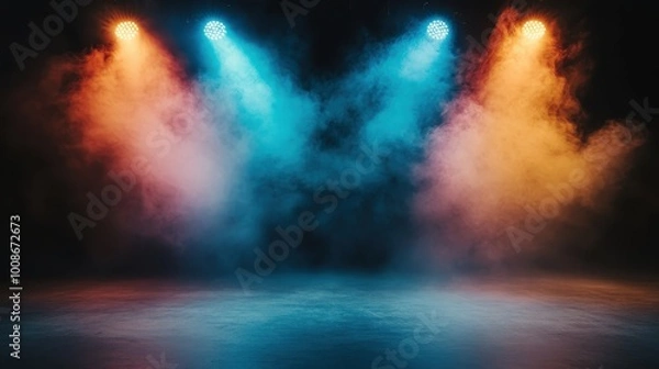 Fototapeta Dynamic stage lights create a stunning display of colorful haze, filling the venue with an enticing atmosphere that's perfect for events, performances, and celebrations.