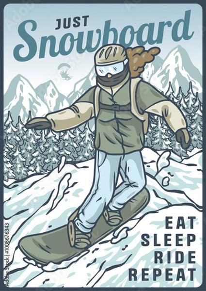 Fototapeta Snowboarder is having fun riding down a snowy mountainside in a cool, vintage style illustration. This design is perfect for winter sports enthusiasts