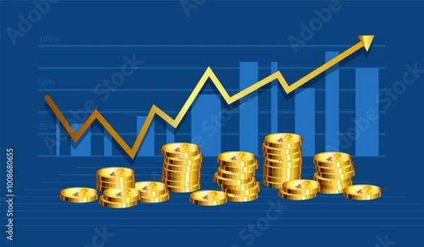 Obraz Profit growth with stages to grow coin and rising arrow chart. Concept of business success, economic or market growth, investment income, capital gains, benefit. Simple flat vector style