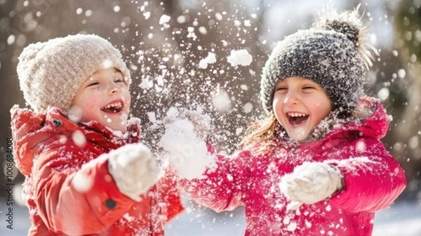 Fototapeta Two children joyfully playing in the snow while throwing snowballs at each other in a winter wonderland